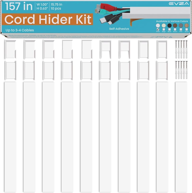 EZA Cord Hider, Wire Cover, Cord Covers Wall Mounted TV, Cable Hider, 157 in Paintable White Raceway Kit, Electrical Cords Concealer, Cable Management, Hide Cords Wall, Wire Molding, Adhesive Channel - Image 2